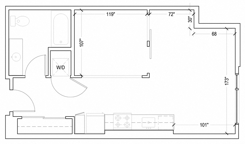 Floor plan for 1 bed, 1 bath, 523 sqft