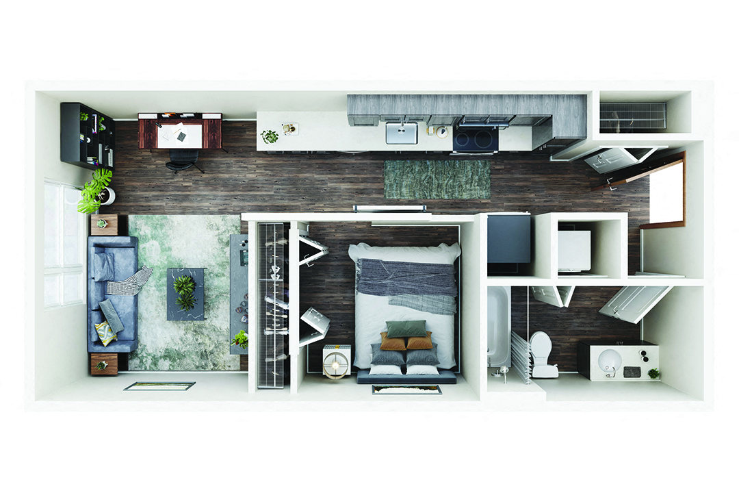 Floor plan for 1 bed, 1 bath, 644 sqft