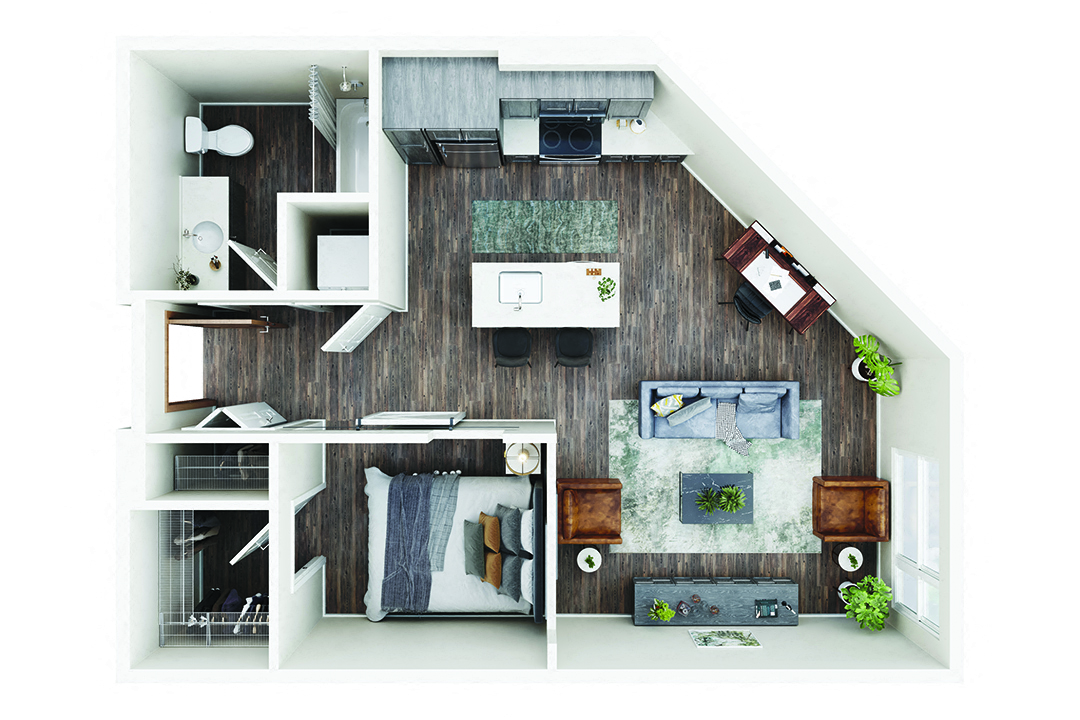 Floor plan for 1 bed, 1 bath, 688 sqft