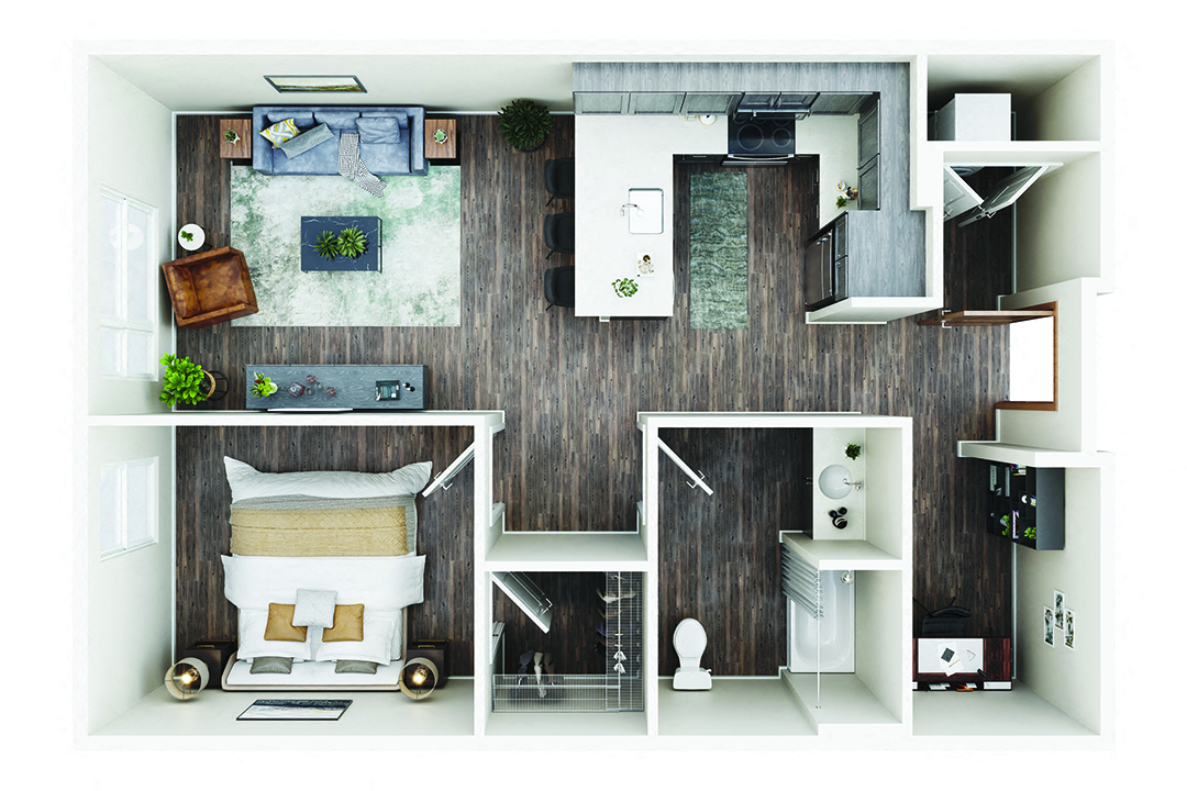 Floor plan for 1 bed, 1 bath, 779 sqft