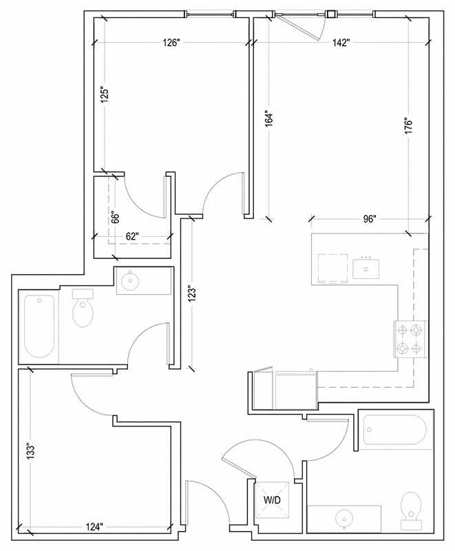 Floor plan for 1 bed, 2 baths, 956 sqft