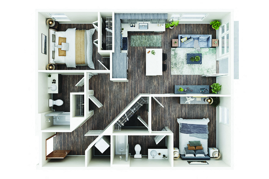 Floor plan for 2 beds, 2 baths, 905 sqft