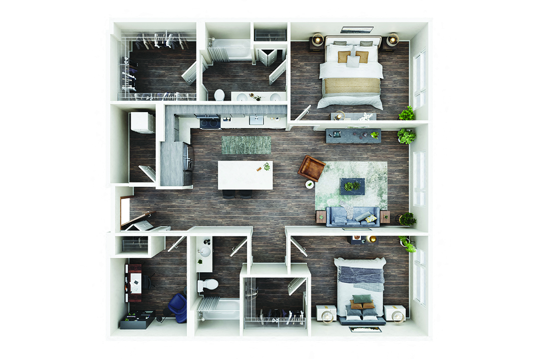 Floor plan for 2 beds, 2 baths, 1263 sqft