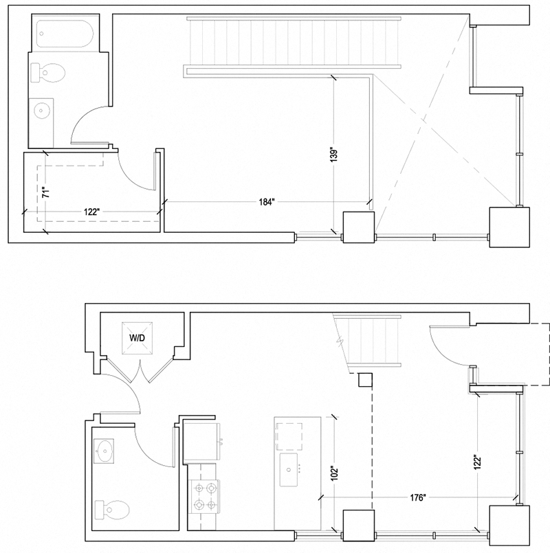 Floor plan for 1 bed, 1.5 baths, 948 sqft