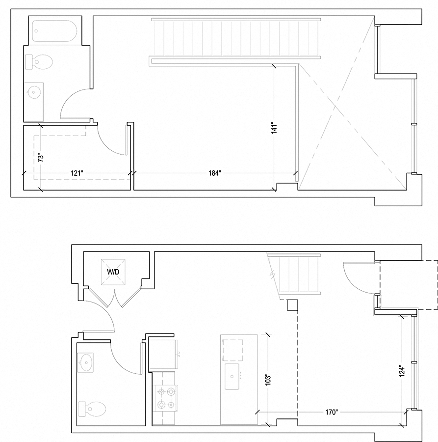 Floor plan for 1 bed, 1.5 baths, 958 sqft