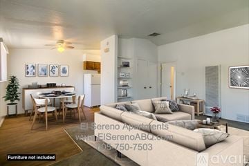 Albuquerque apartment for rent - A well-lit living room with a dining area and a kitchen in the background.