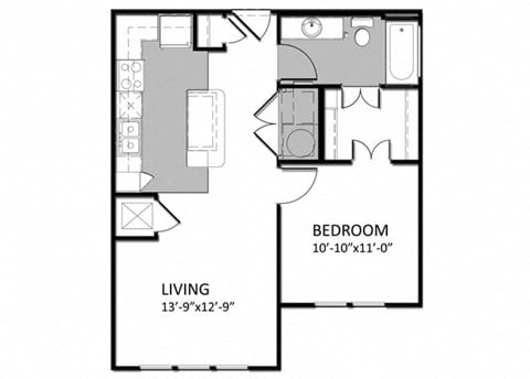 Floor plan for 1 bed, 1 bath, 643 sqft