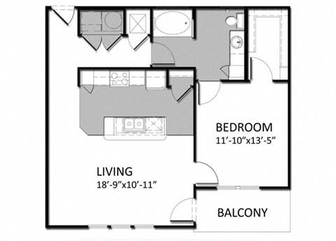 Floor plan for 1 bed, 1 bath, 837 sqft