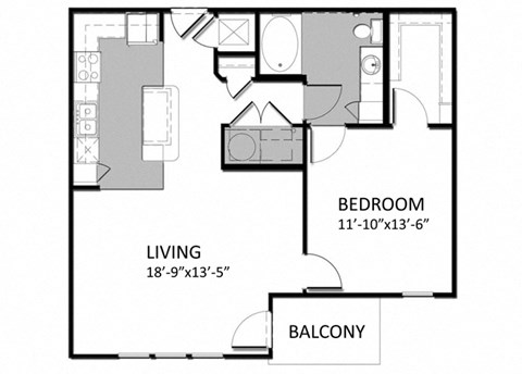 Floor plan for 1 bed, 1 bath, 837 sqft