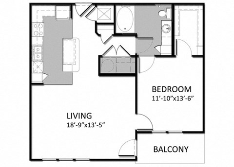 Floor plan for 1 bed, 1 bath, 837 sqft