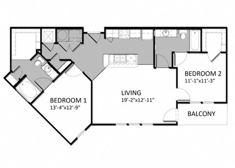 Floor plan for 2 beds, 2 baths, 1036 sqft