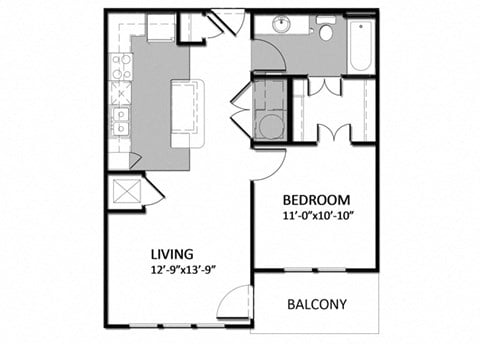 Floor plan for 1 bed, 1 bath, 643 sqft