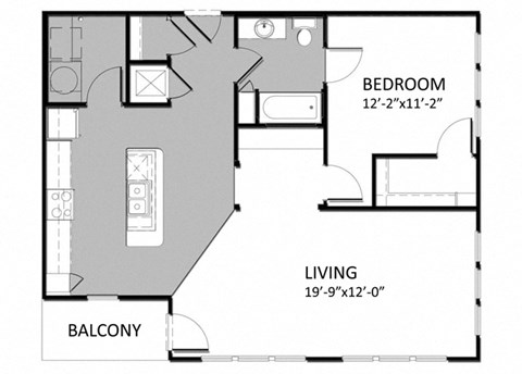 Floor plan for 1 bed, 1 bath, 966 sqft