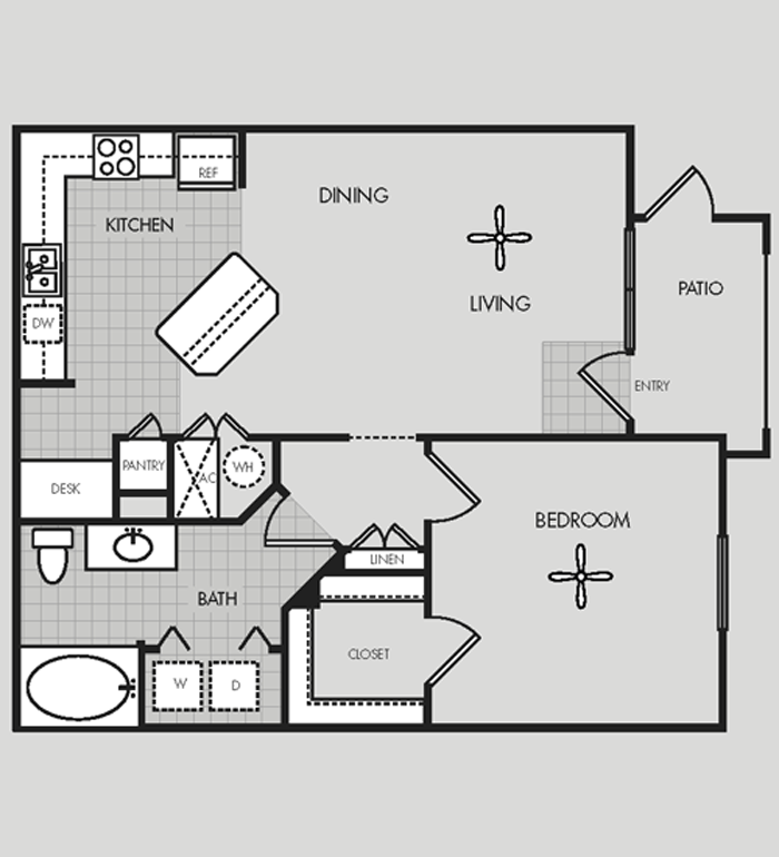 Floor plan for 1 bed, 1 bath, 741 sqft