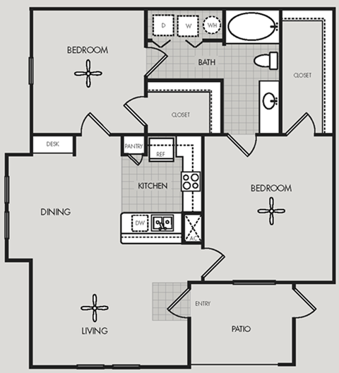 Floor plan for 2 beds, 1 bath, 998 sqft