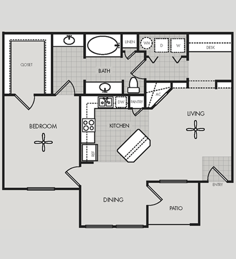 Floor plan for 1 bed, 1 bath, 843 sqft