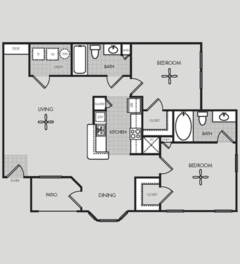 Floor plan for 2 beds, 2 baths, 1052 sqft