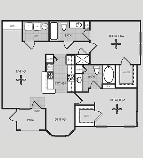 Floor plan for 2 beds, 2 baths