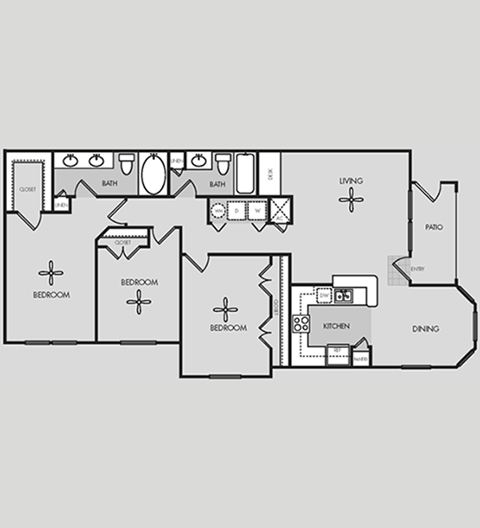Floor plan for 3 beds, 2 baths, 1352 sqft