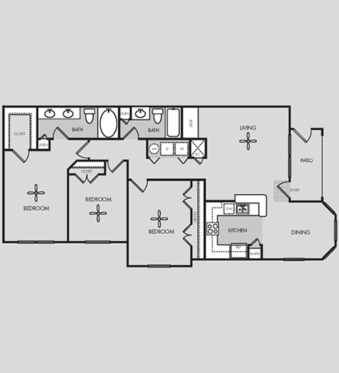 Floor plan for 3 beds, 2 baths, 1352 sqft