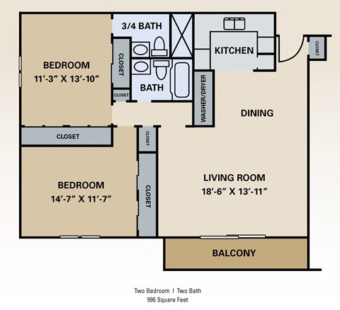 Floor plan for 2 beds, 2 baths, 996 sqft