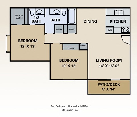 Floor plan for 2 beds, 1.5 baths, 945 sqft