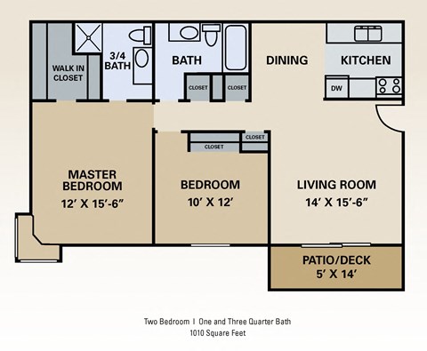 Floor plan for 2 beds, 1.8 baths, 1010 sqft
