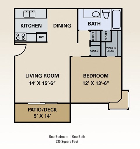 Floor plan for 1 bed, 1 bath, 725 sqft