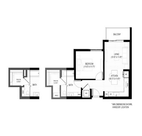 Floor plan for 1 bed, 1 bath, 689 sqft