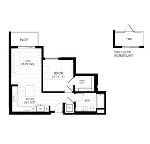 Floor plan for 1 bed, 1 bath, 689 sqft