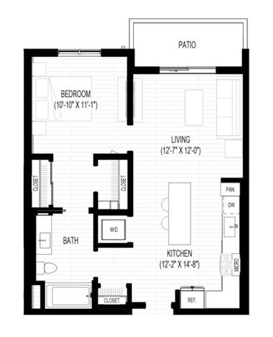 Floor plan for 1 bed, 1 bath, 724 sqft