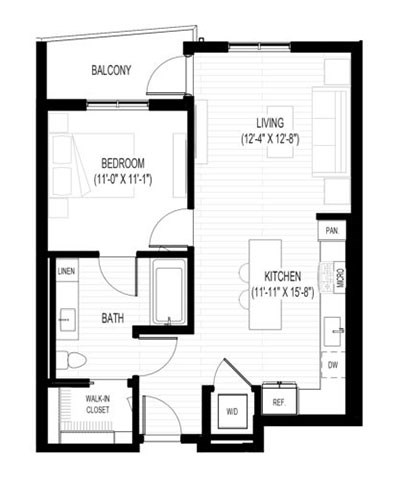 Floor plan for 1 bed, 1 bath, 729 sqft