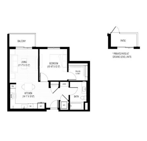 Floor plan for 1 bed, 1 bath, 737 sqft