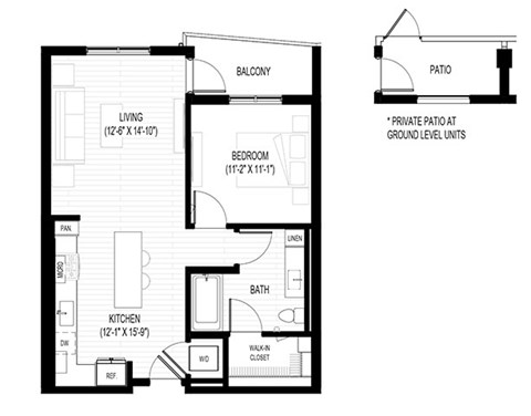 Floor plan for 1 bed, 1 bath, 746 sqft