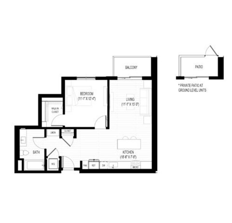 Floor plan for 1 bed, 1 bath, 777 sqft