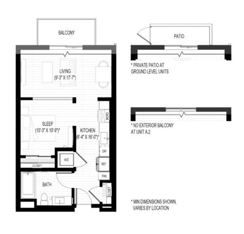 Floor plan for studio, 1 bath, 588 sqft