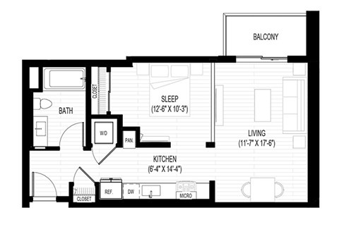 Floor plan for studio, 1 bath, 656 sqft