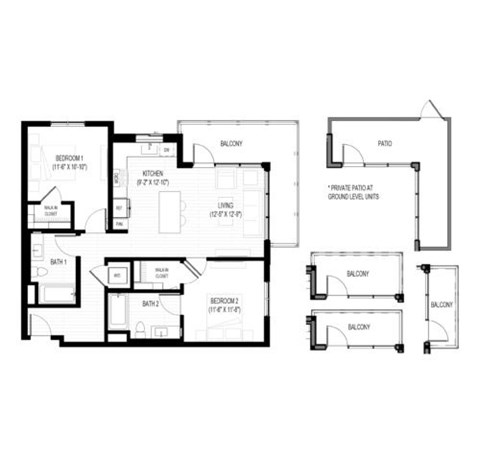 Floor plan for 2 beds, 2 baths, 1022 sqft
