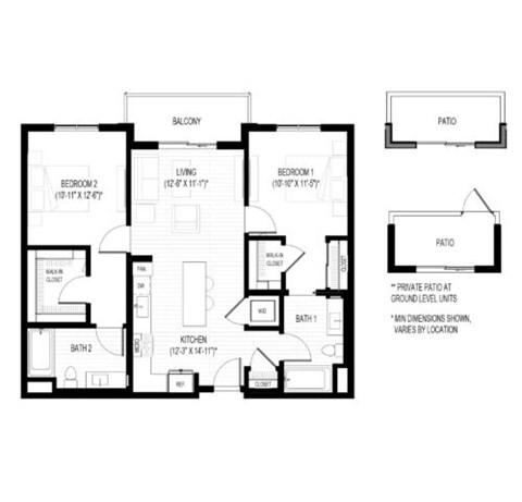 Floor plan for 2 beds, 2 baths, 1054 sqft