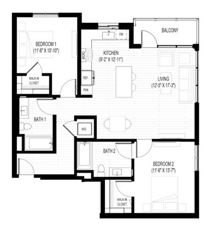 Floor plan for 2 beds, 2 baths, 1133 sqft