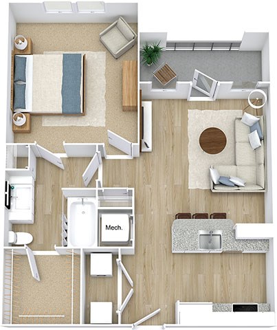 Floor plan for 1 bed, 1 bath, 661 sqft