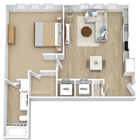 Floor plan for 1 bed, 1 bath, 705 sqft
