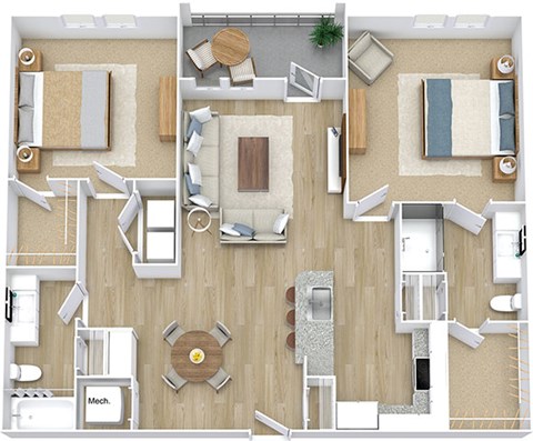 Floor plan for 2 beds, 2 baths, 1112 sqft