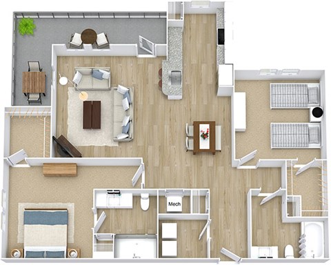 Floor plan for 2 beds, 2 baths, 1243 sqft