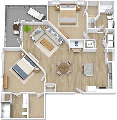 Floor plan for 2 beds, 2 baths, 1280 sqft