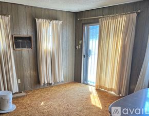 Amarillo house for rent - A room with a carpet, a bucket, and curtains.