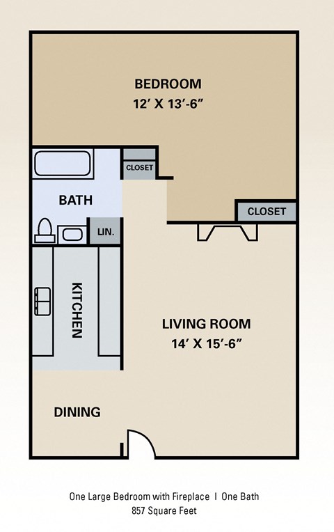 Floor plan for 1 bed, 1 bath, 857 sqft