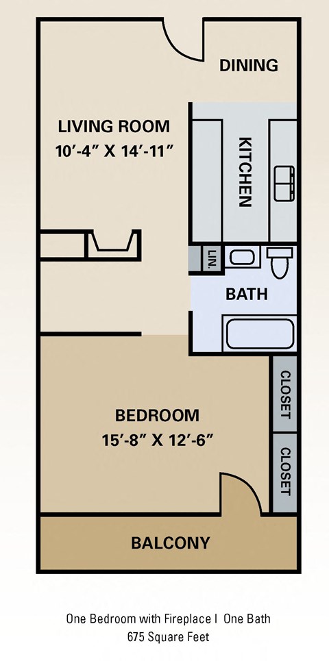 Floor plan for 1 bed, 1 bath, 675 sqft