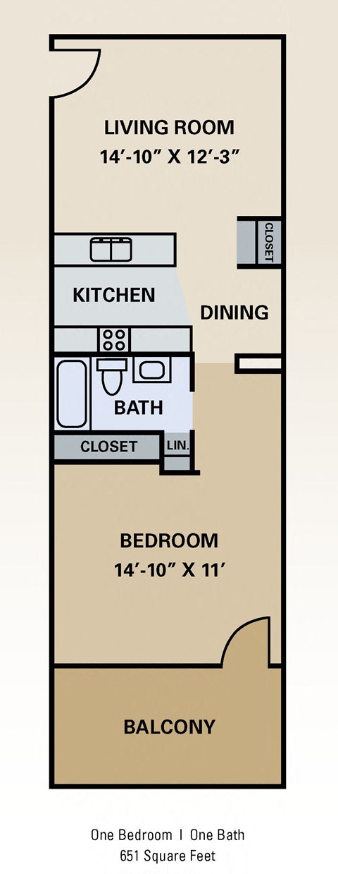 Floor plan for 1 bed, 1 bath, 651 sqft