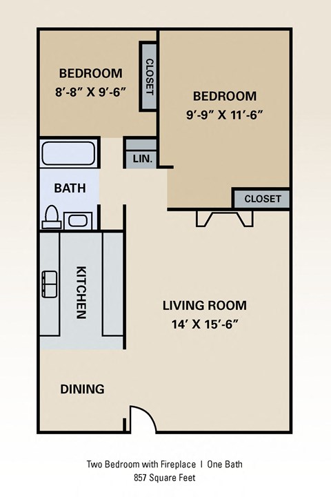 Floor plan for 2 beds, 1 bath, 857 sqft